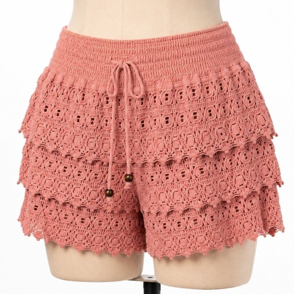 Crochet Lace 100% Cotton Tiered Smocked Shorts Size S Pink Boho Festival Fairy